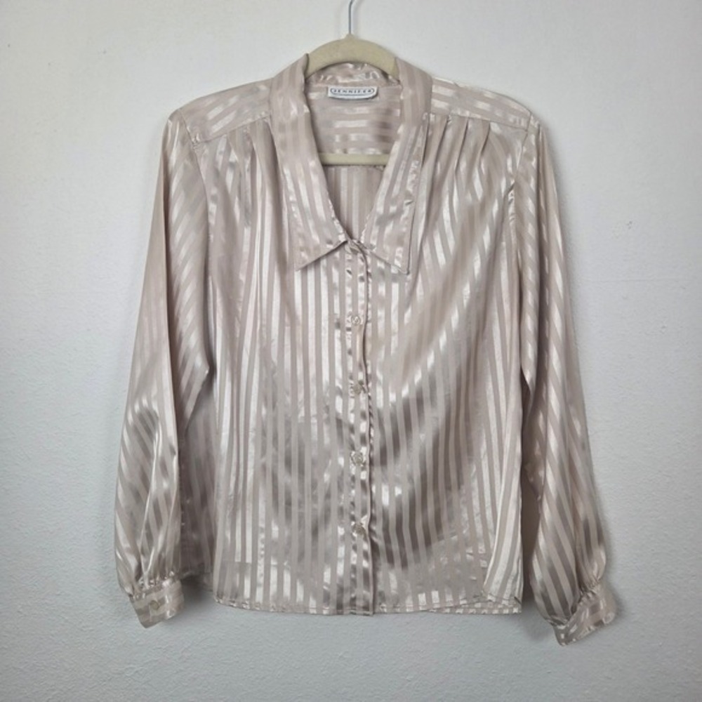 Jennifer Blouse Women's Champagne Striped Button Up Long Sleeve Satin Pleated‎